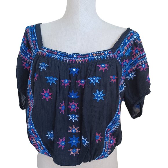 Free People Top Black Embroidered Mirror Cropped Peasant Boho Womens Large - Picture 13 of 13